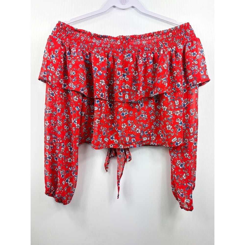 Timing Floral Off Shoulder Crop Top Red Smocked Flounce Tie Boho Cottage - Picture 6 of 7